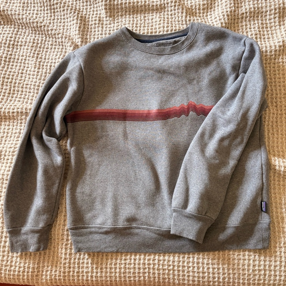 Patagonia Gray Crewneck Sweatshirt with Red Chest Stripe